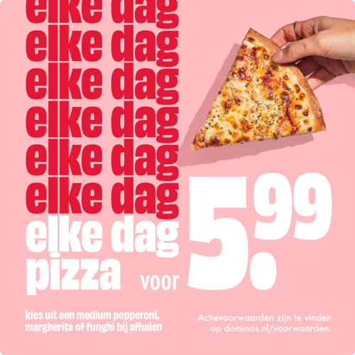 Dagelijkse deal bij Domino's: medium pizza Pepperoni, Funghi of Margherita voor €5,99 bij afhalen.