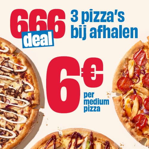 666 deal: medium pizza €6 per stuk bij afhalen