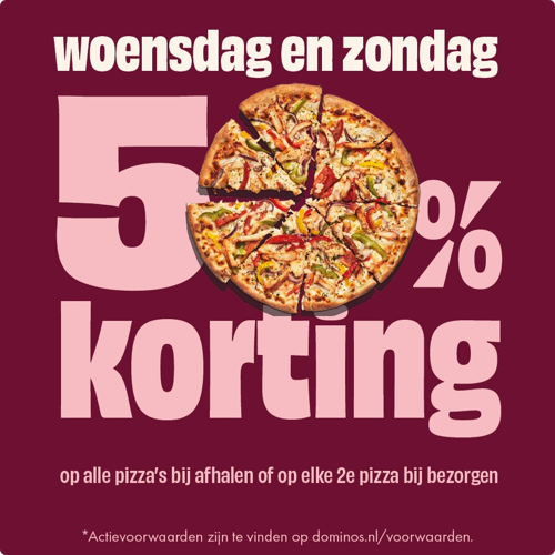 Actie: elke woensdag en zondag 50% korting op je favoriete pizza bij afhalen, en 50% korting op de tweede pizza bij bezorgen.