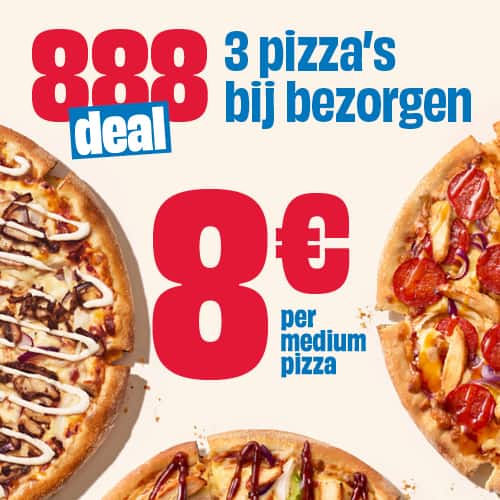 888 deal: medium pizza €8 per stuk bij bezorgen