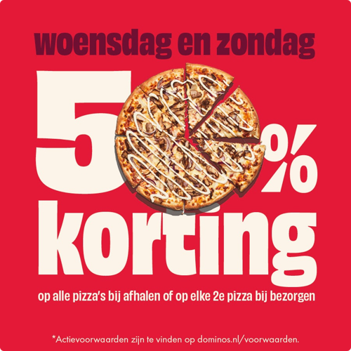 Actie: elke woensdag en zondag 50% korting op je favoriete pizza bij afhalen, en 50% korting op de tweede pizza bij bezorgen.