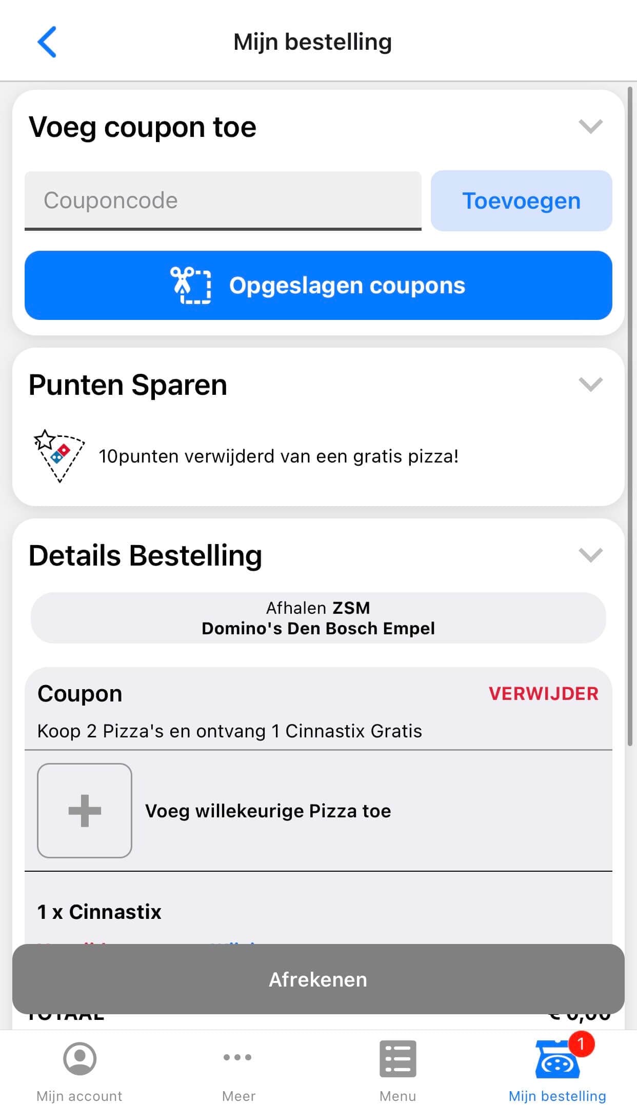 Stap 4. De coupon wordt toegevoegd aan je bestelling en kan gebruikt worden